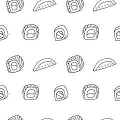 Sushi and maki seamless pattern, vector illustration hand-drawn doodles © Екатерина Хныкина