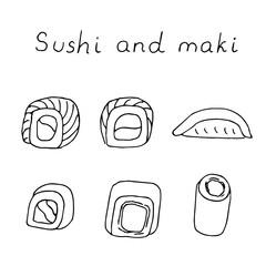 Sushi and maki set, vector illustration hand-drawn doodles