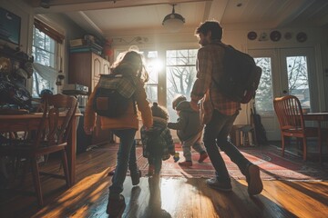 Family Morning Departure with Sunlight Flaring through Home Entrance