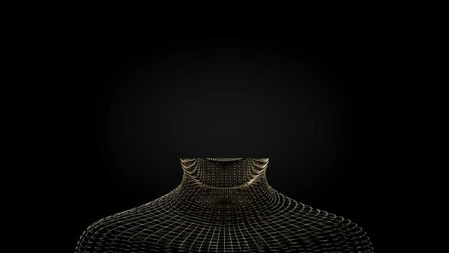 Wireframe golden human face isolated on dark background - 3D 4k animation (3840 x 2160 px)