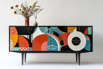 stylish sideboard decorated in a colorful style on a white background