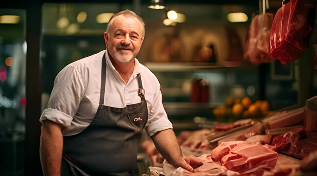 An engaged butcher meets the camera with a focused expression, their eyes mirroring the attention to detail required in their profession