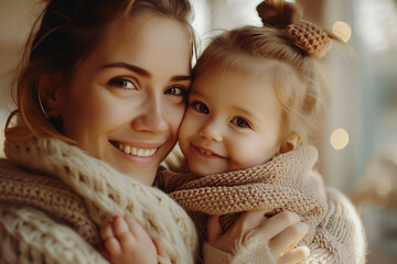  A preschooler daughter hugs her smiling mother, sharing love and affection. The little girl embraces her happy mom, a tender moment of intimacy and joy.