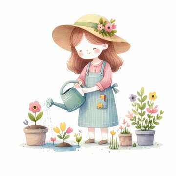 Gardener girl plants on summer lawn with butterflies. Child enjoying gardening and planting flowers. women's day. mother's day clipart.