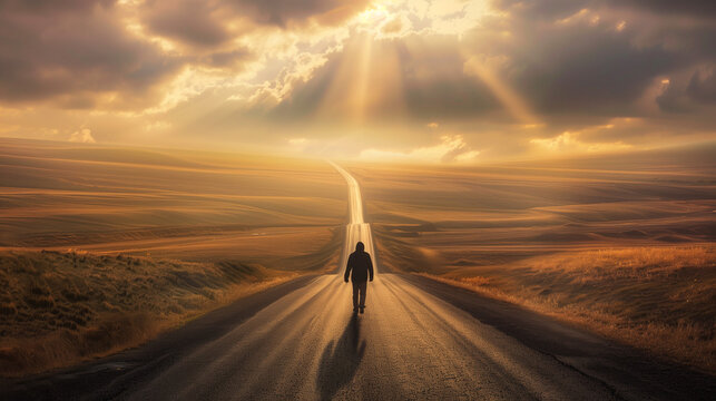 In a dreamlike landscape, a solitary figure walks along an endless road that stretches into infinity