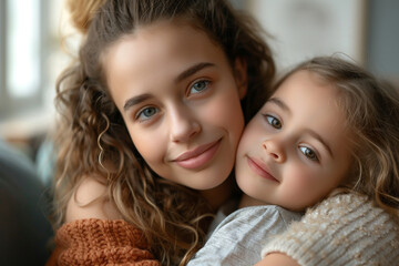  A preschooler daughter hugs her smiling mother, sharing love and affection. The little girl embraces her happy mom, a tender moment of intimacy and joy.