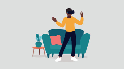 Vektor-Illustration eines Mannes mit einer virtuellen Realität Brille in ihrem Wohnzimmer - künstliche Intelligenz Konzept