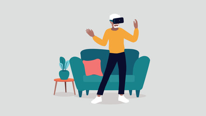 Vektor-Illustration eines Mannes mit einer virtuellen Realität Brille in ihrem Wohnzimmer - künstliche Intelligenz Konzept