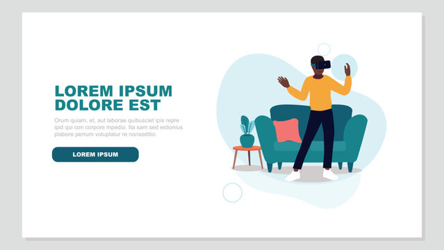 Vektor-Illustration eines Mannes mit einer virtuellen Realit&auml;t Brille in ihrem Wohnzimmer - k&uuml;nstliche Intelligenz Konzept
