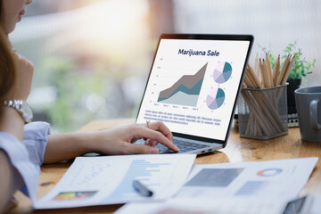 Businesswoman using laptop with business finance chart dashboard on virtual screen and standing in office  working space, Business finance data analytics and market concept.