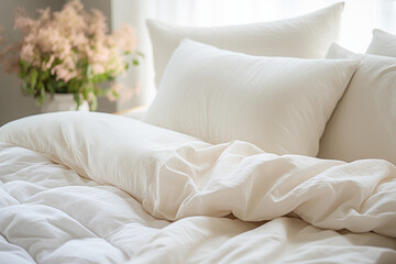 Fototapeta na wymiar White Bedding with White Blankets and Pillows: Soft White Bedding in a Comfortable Bedroom - Simple and Bright Bedroom Interior with White Pillows and Blankets.