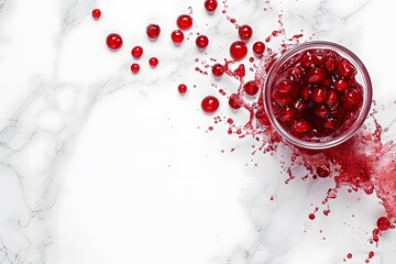 action shot top down of red liquid in a glass with popping bubbles splashing out on white marble background 