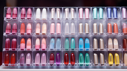Colorful artificial Nails in nail salon shop.