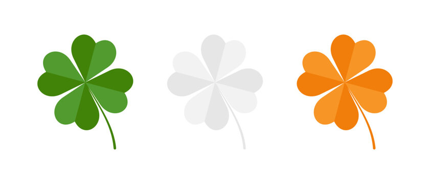 Set of four leaf clovers in Irish flag colors. Green, white and orange clovers illustration on a white background isolated. Vector illustration