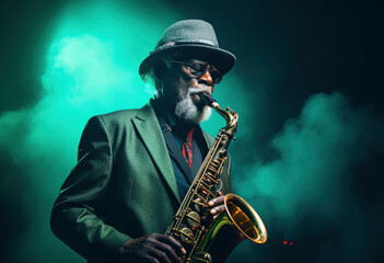 old man playing saxophone - obrazy, fototapety, plakaty