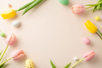 Fototapeta na wymiar Step into Easter spirit with captivating top view display of lively eggs, cute bunny ears, and fragrant tulips against neutral backdrop. Spacious frame invites your personalized text or promotion