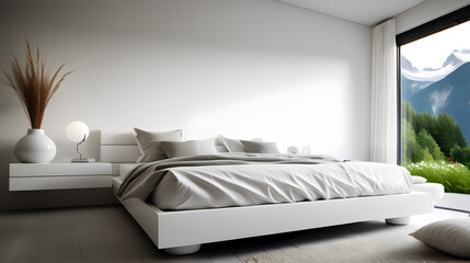 A Tranquil Haven: Modern White Bedroom Furniture Enveloped in Swiss Serenity, Captured with a Low-Angle Camera