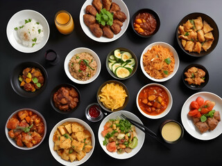 the food is neatly arranged on the black table