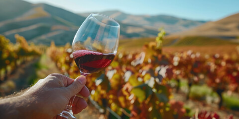 A hand holds a glass of red wine up to the light, with a backdrop of sunlit vineyard rows undulating across rolling hills.