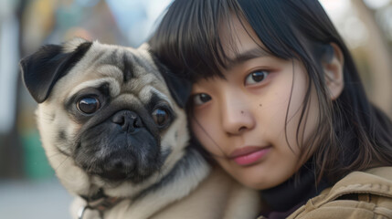 A young girl with an adorable dog purebred pug breed looking on camera