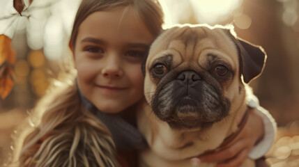 A young girl with an adorable dog purebred pug breed looking on camera
