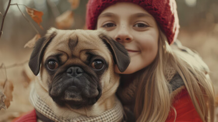 A young girl with an adorable dog purebred pug breed looking on camera