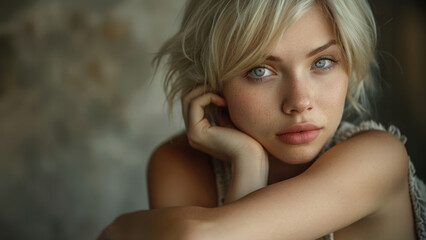 portrait en gros plan d'une jeune fille blonde aux cheveux courts sur fond neutre - obrazy, fototapety, plakaty
