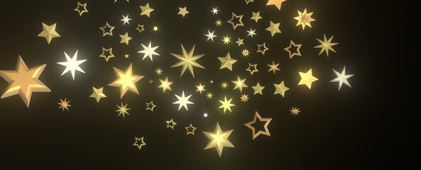 Banner with golden decoration. Festive border with falling glitter dust and stars.