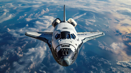 Obraz premium A space shuttle floats in the air looking at Earth