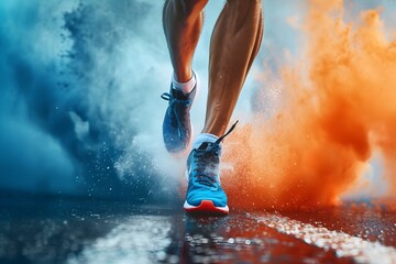 legs and shoes of a person running down asphalt road blue and orange smoke in background victory finish 