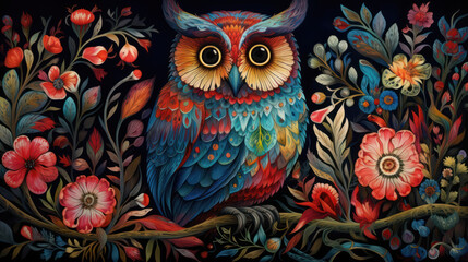 an owl scene in a field of colorful flowers - obrazy, fototapety, plakaty