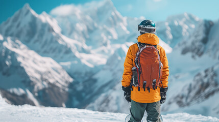 Male snowboarder wearing orange suit, black helmet and goggles standing on the top of the mountain. Young male athlete ready to slide down the snowy slope. Active lifestyle and sports concept.