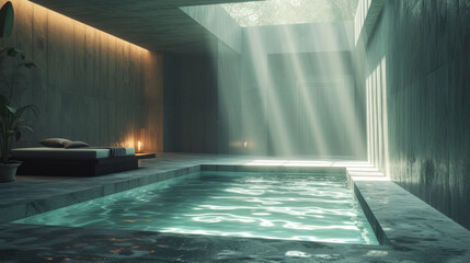 Indoor pool in a luxurious minimalist massage parlor. Concrete walls, wooden massage table, skylight letting in sunlight.