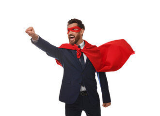Obraz na płótnie Canvas Emotional businessman wearing red superhero cape and mask on white background