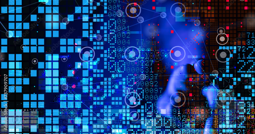 Poster Neural network 3D illustration. Big data and cybersecurity