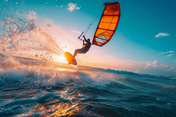 Silhouette of a kitesurfing athlete performing a trick in the air against the backdrop of a sunset at sea. Dynamic shot of a kite surfer in action. Water sports, active lifestyle. - obrazy, fototapety, plakaty