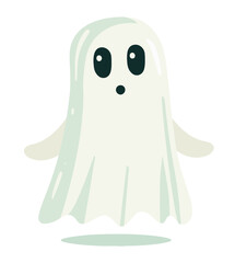 A cute white sheet ghost floating in the air above the ground casting a shadow