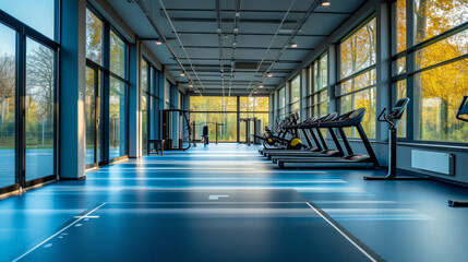 Interior of modern fitness gym. Wide range of equipment: treadmills, exercise bikes, weight machines. Bright spacious empty room for fitness classes. Healthy lifestyle concept. - obrazy, fototapety, plakaty