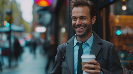Businessman handsome smile using mobile looking hand holding coffee cup in the London morning time