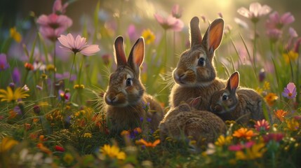 A Rabbit Family's Exploration - obrazy, fototapety, plakaty
