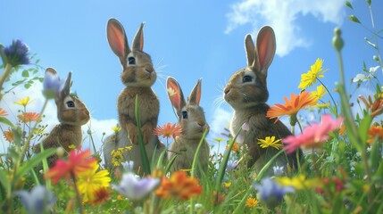 Bunny Family in the Meadow, Spring - obrazy, fototapety, plakaty