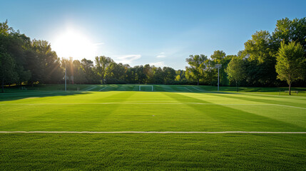 Soccer field with lush green grass and white marking stripes. Football stadium, blue sky and bright sun on a beautiful summer day. Sports and active lifestyle. - obrazy, fototapety, plakaty
