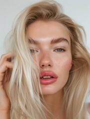 Naklejka premium Stunning portrait of a beautiful woman model posing gracefully, with perfect skin and beautiful hair.