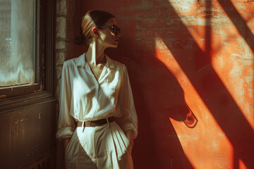 Half-length portrait of a young Caucasian woman in elegant white blouse and pants posing in an empty room. Beautiful model with brown hair tied in a bun keeps her hands in pockets. Urban fashion.