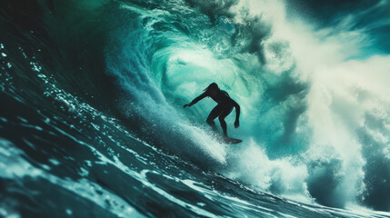 Silhouette of a skilled surfer in a wetsuit riding a surfboard in the ocean. Fearless and determined athlete surfing an epic giant barrel wave. Extreme water sports, active lifestyle.