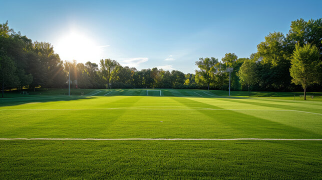 Soccer field with lush green grass and white marking stripes. Football stadium, blue sky and bright sun on a beautiful summer day. Sports and active lifestyle. - Powered by Adobe