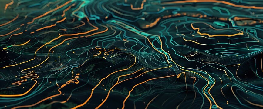 Abstract digital topographical terrain diagram showcases intricate landscapes,