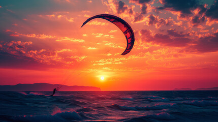 Silhouette of a kitesurfing athlete performing a trick on a wave against the backdrop of a sunset at sea. Dynamic shot of a kite surfer in action. Water sports, active lifestyle. - obrazy, fototapety, plakaty