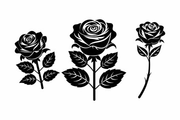 3 set of decorative vector roses with leaves silhouette