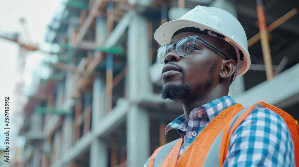 Wall mural black american engineer and labor wearing safety talking construction site